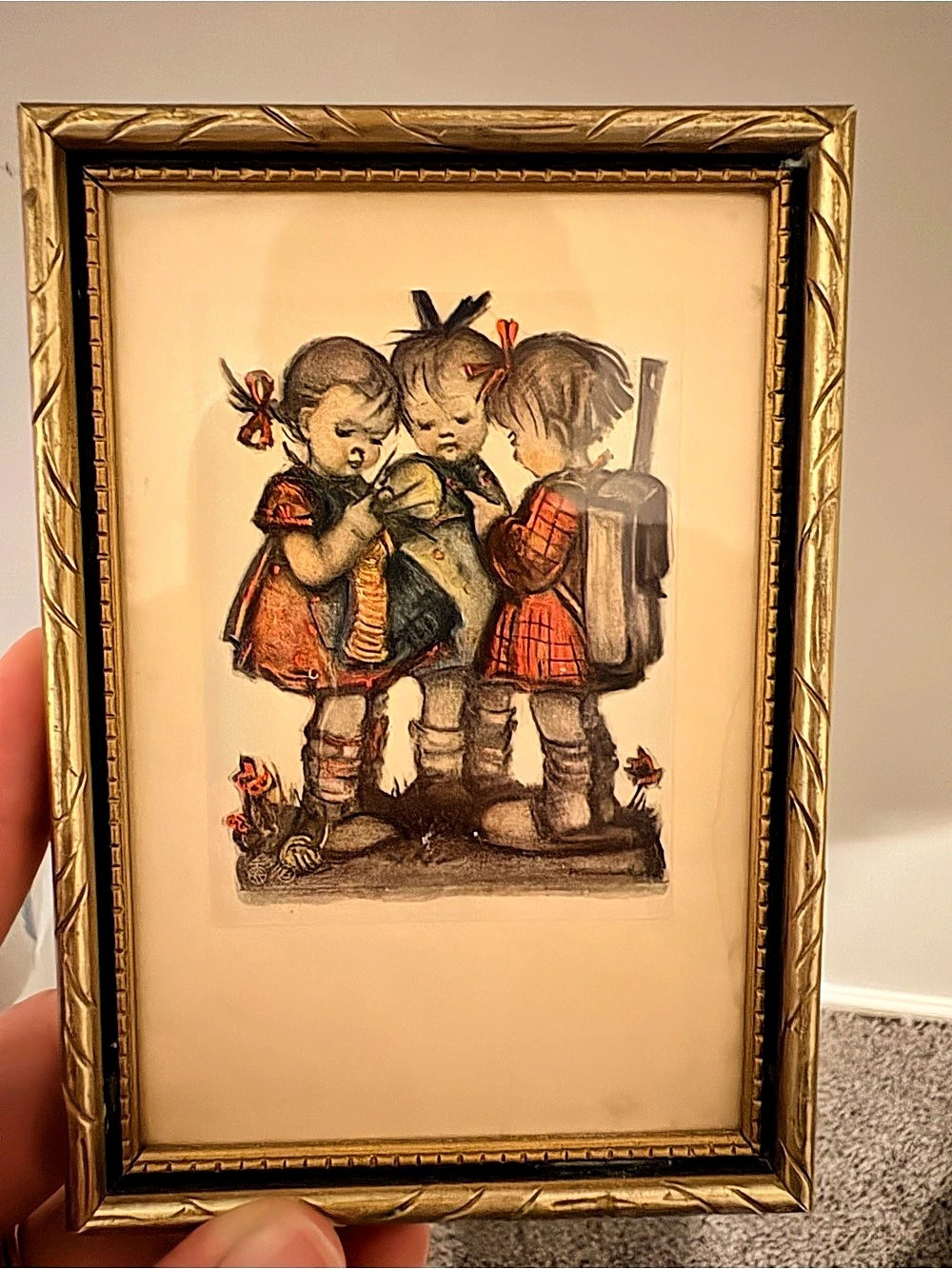 Vintage Hummel ‘Three Girls Knitting’ Print in gold frame.